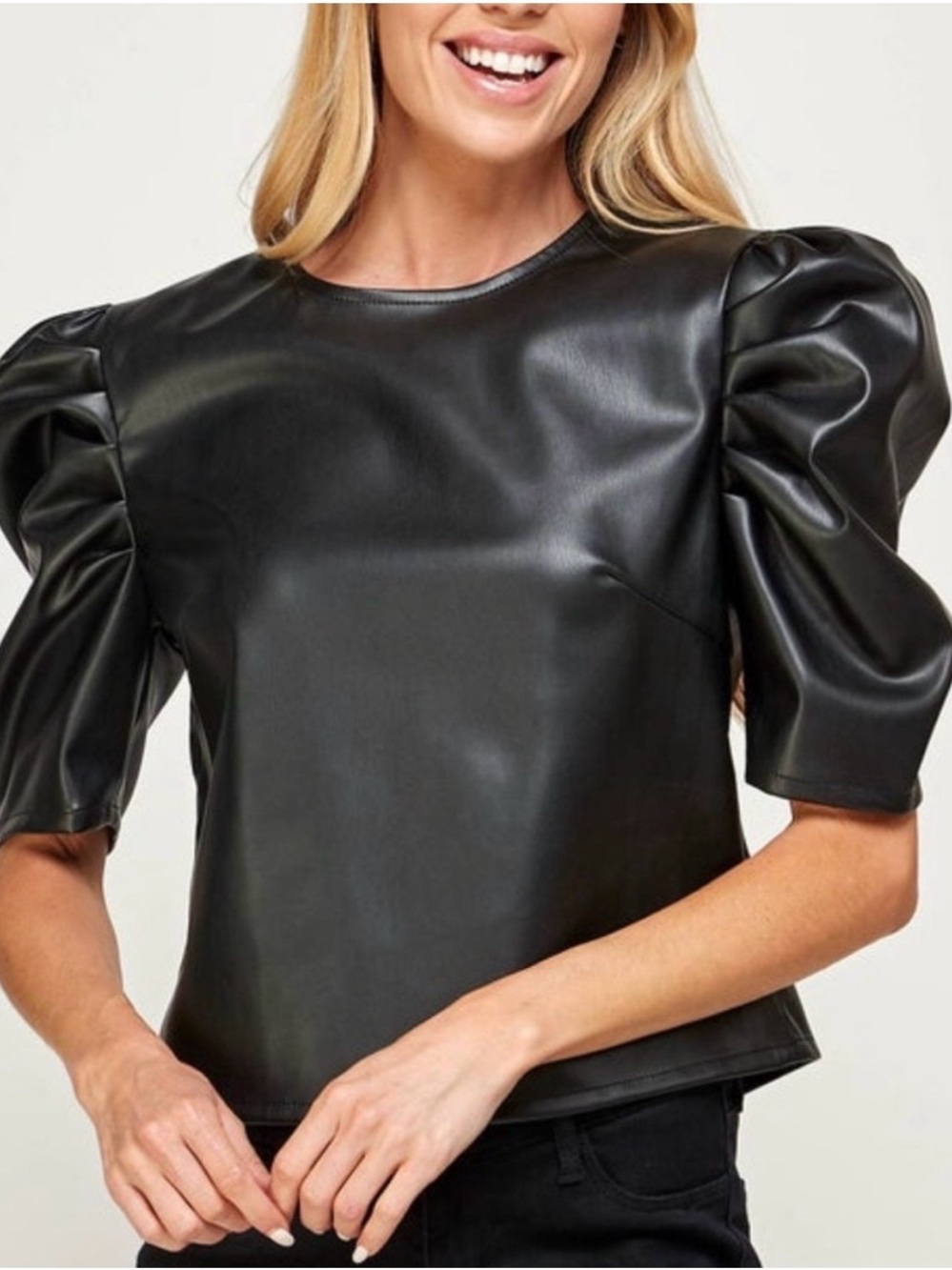 Ellison Black Faux Leather Puff Sleeve Top